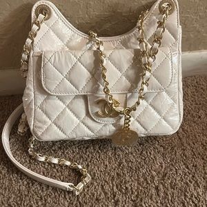 Small Hobo Bag Shiny Crumpled Calfskin & Gold-Tone Metal
White